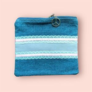 Pink Lace on Denim Small Zippered Pouch Makeup Bag NEW with Tags